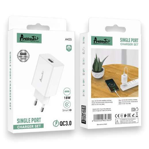 Мережевий Зарядний Пристрій Avantis A425 1USB QC 3.0 Type-C