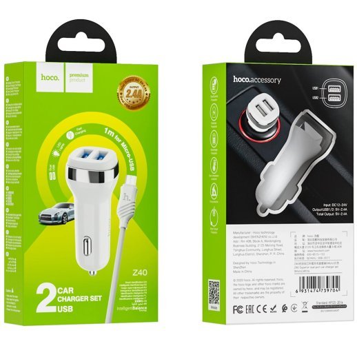 Автомобільний зарядний пристрій HOCO Z40 2USB 2.4A + кабель USB - Micro USB, білий