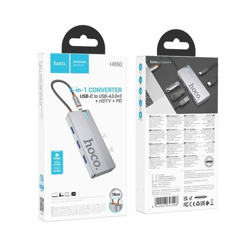 Адаптер-концентратор HOCO HB50 Wow 5-в-1 (Type-C - 3×USB 3.0 + HDMI (HDTV) + PD 100 Вт), металік-сірий