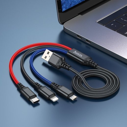 USB КАБЕЛЬ HOCO X76 3в1: Lightning/Micro/Type-C, black/red/blue