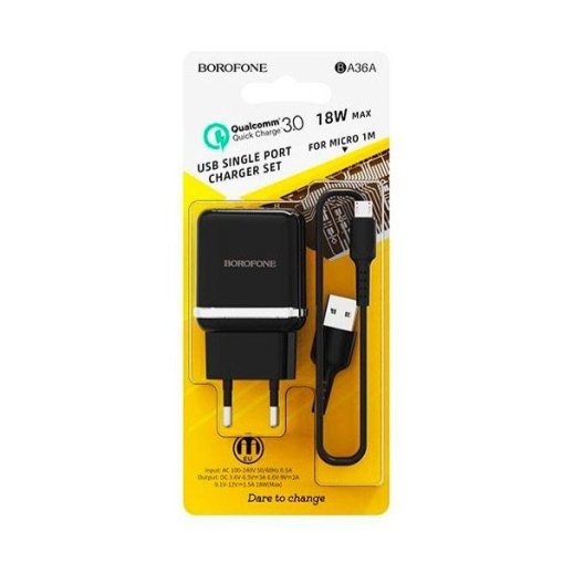 Мережевий зарядний пристрій Borofone BA36A USB QC3.0 3A + кабель USB - MicroUSB, чорний