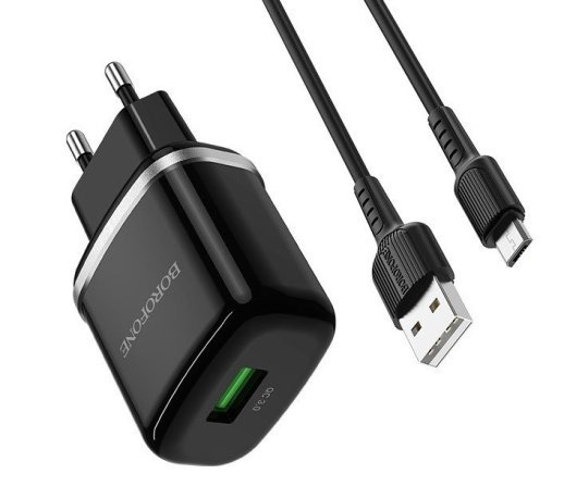 Мережевий зарядний пристрій Borofone BA36A USB QC3.0 3A + кабель USB - MicroUSB, чорний