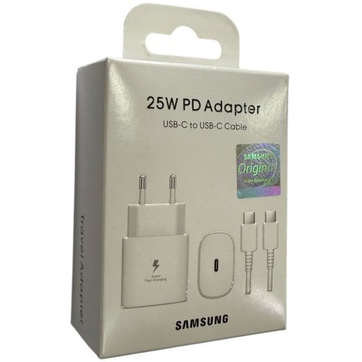 Мережевий зарядний пристрій SAMSUNG PD 2в1 25W (EP-TA800) + кабель TYPE-C - TYPE-C, білий в упаковці (SMALL PACKAGING)