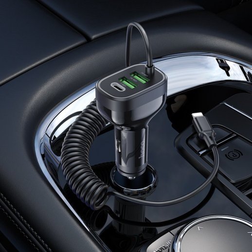 Автомобільний зарядний пристрій HOCO NZ11A TYPE-C PD 30W / 2USB + вбудований кабель Lightning, чорний