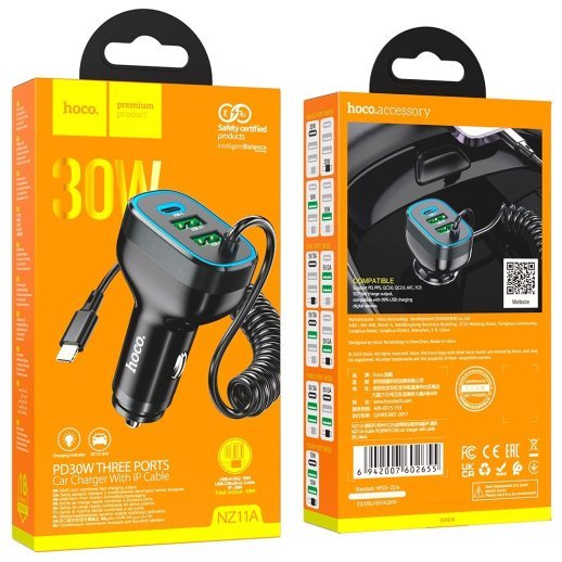 Автомобільний зарядний пристрій HOCO NZ11A TYPE-C PD 30W / 2USB + вбудований кабель Lightning, чорний
