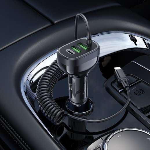 Автомобільний зарядний пристрій HOCO NZ11A TYPE-C PD 30W / 2USB + вбудований кабель Lightning, чорний