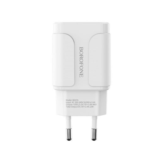 Мережевий зарядний пристрій BOROFONE BA37A 2.4A 12W 2 USB, білий