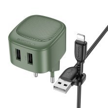 Мережевий зарядний пристрій Borofone BAS21A 2*USB 2,1A + кабель USB - Lightning, olive green