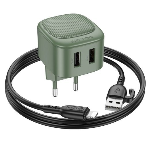 Мережевий зарядний пристрій Borofone BAS21A 2*USB 2,1A + кабель USB - Lightning, olive green