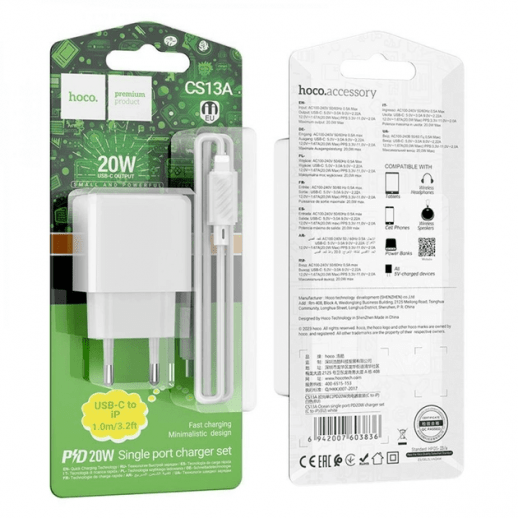 Мережевий Зарядний Пристрій Hoco CS13A Ocean 1USB PD20w USB-C to Lightning