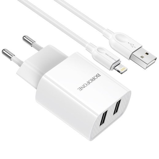 СЗУ Borofone BA53A (2USB/2,1A) + USB - Lightning (белый)