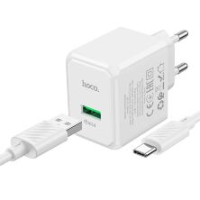 Мережевий зарядний пристрій HOCO CS12A QC3.0 USB + КАБЕЛЬ USB - Type-C БІЛИЙ