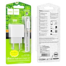 Мережевий зарядний пристрій HOCO CS12A QC3.0 USB + КАБЕЛЬ USB - Type-C БІЛИЙ