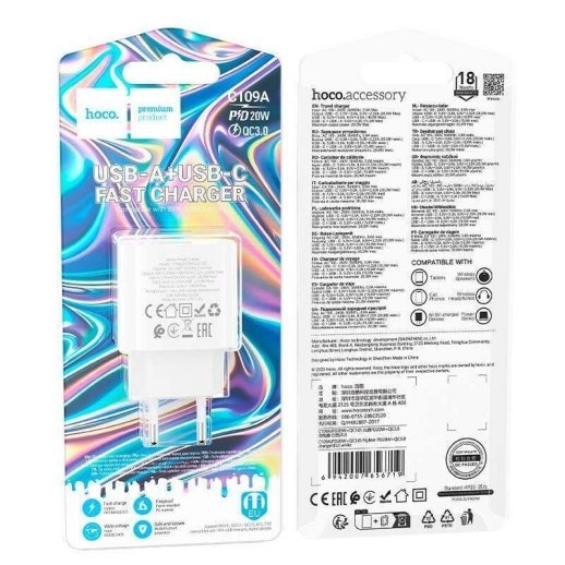 Мережевий зарядний пристрій HOCO C109A PD20W / USB QC3.0, білий