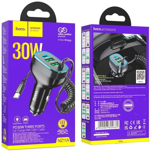 Зарядний пристрій HOCO NZ11A TYPE-C PD 30W/2USB + вбудований кабель Type-C, чорний
