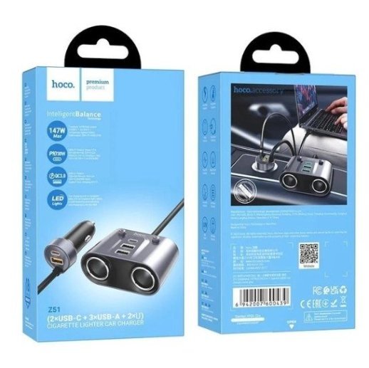 Автомобільний зарядний пристрій HOCO Z51 з двума роз'ємами прикурювача 2 TYPE-C + 3 USB 147W