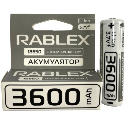 Акумулятор Rablex 18650 Li-Ion ICR18650 3600mAh TipTop 3.7V білий в упаковці