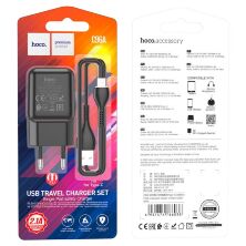 Мережевий зарядний пристрій HOCO C96A USB 2.1A + КАБЕЛЬ USB - Type-C чорний