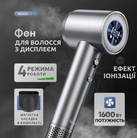 Високошвидкісний фен HOCO HP10 з іонізацією та цифровим дисплеєм, 1600 Вт, СІРИЙ