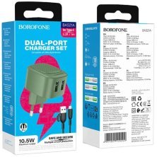 Мережевий зарядний пристрій Borofone BAS21A 2*USB 2,1A + кабель USB - Type-C, olive green