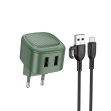 Мережевий зарядний пристрій Borofone BAS21A 2*USB 2,1A + кабель USB - Type-C, olive green