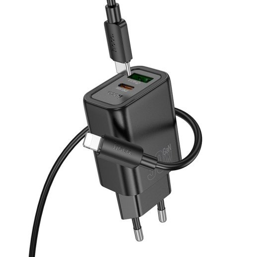 Мережевий зарядний пристрій HOCO N63 TYPE-C PD 30W + USB QC 3.0 + КАБЕЛЬ TYPE-C - LIGHTNING, чорний