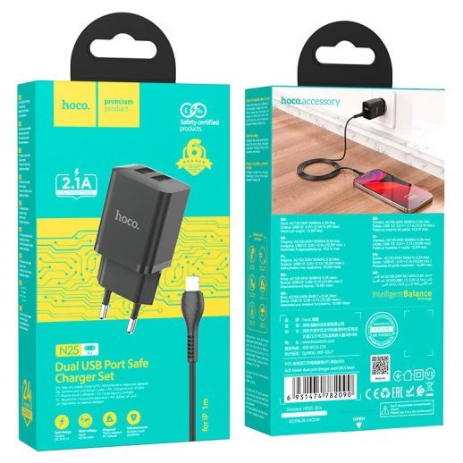 СЗУ HOCO N25 (2USB/2,1A) + USB - Lightning (черный)