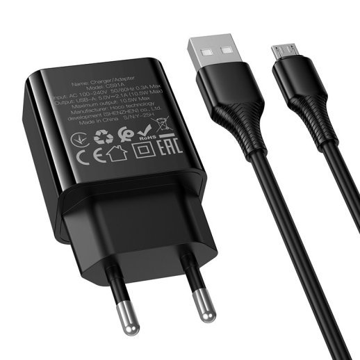 Мережевий зарядний пристрій HOCO CS91A USB 2.1A + кабель USB - Micro, чорний