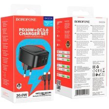 Мережевий зарядний пристрій Borofone BAS23A Type-C PD 30W 2*USB + кабель Type-C - Lightning, чорний