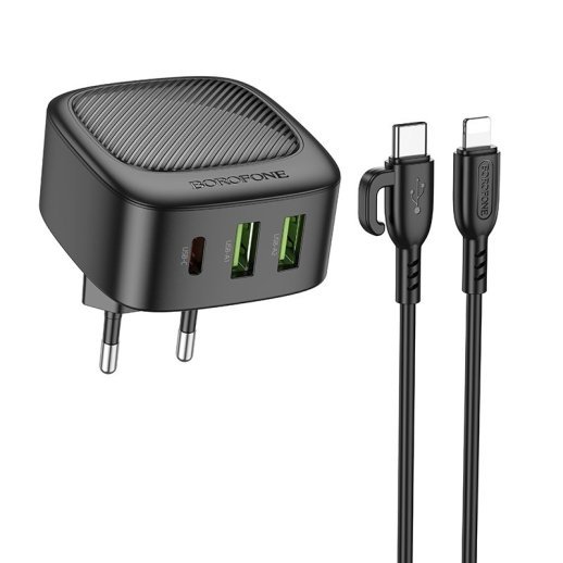 Мережевий зарядний пристрій Borofone BAS23A Type-C PD 30W 2*USB + кабель Type-C - Lightning, чорний