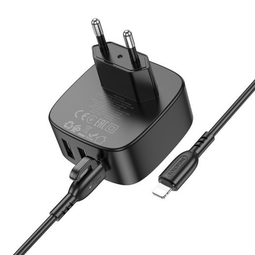 Мережевий зарядний пристрій Borofone BAS23A Type-C PD 30W 2*USB + кабель Type-C - Lightning, чорний