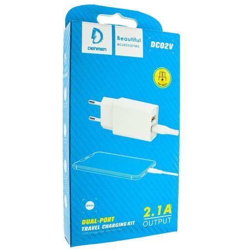 Мережевий зарядний пристрій DENMEN DC02V + CABLE Micro-USB 2.1A 2USB БІЛИЙ