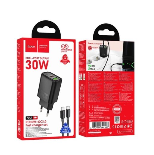 Мережевий зарядний пристрій HOCO N63 TYPE-C PD 30W + USB QC 3.0 + КАБЕЛЬ TYPE-C - TYPE-C, чорний