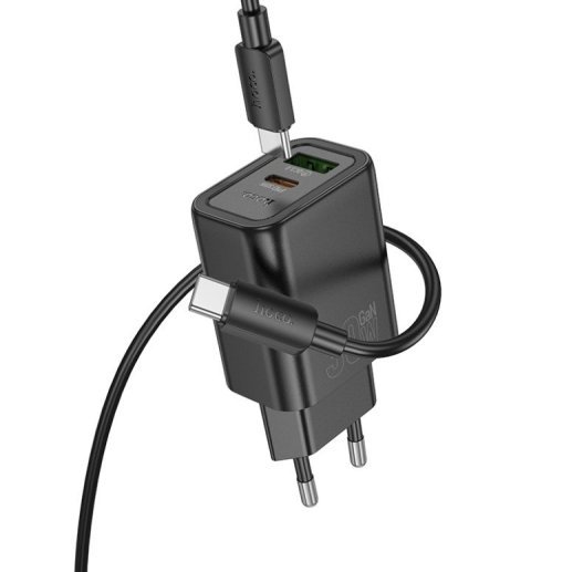 Мережевий зарядний пристрій HOCO N63 TYPE-C PD 30W + USB QC 3.0 + КАБЕЛЬ TYPE-C - TYPE-C, чорний