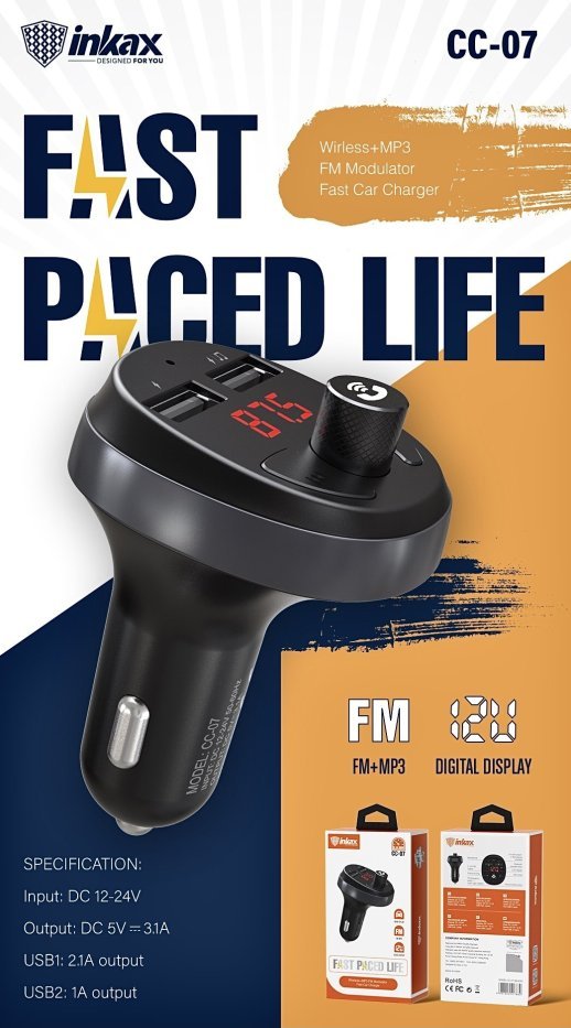 FM модулятор INKAX CC-07 2 USB 3.1A Bluetooth з гучним зв'язком