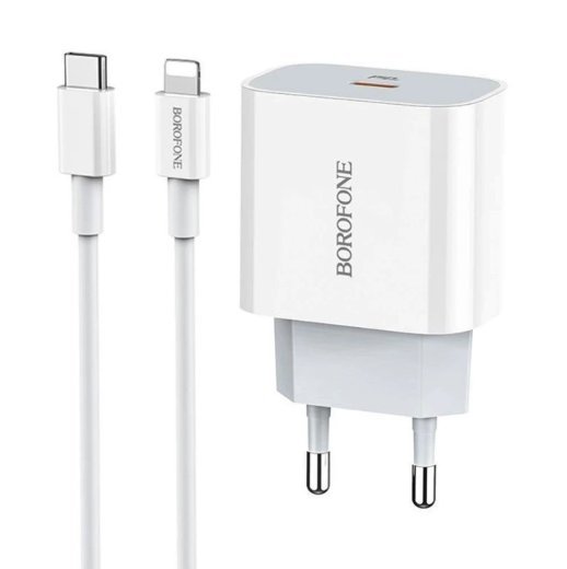 Мережевий зарядний пристрій BOROFONE BA38A Plus TYPE-C PD 20W + кабель TYPE-C - LIGHTNING, БІЛИЙ