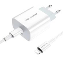Мережевий зарядний пристрій BOROFONE BA38A Plus TYPE-C PD 20W + кабель TYPE-C - LIGHTNING, БІЛИЙ