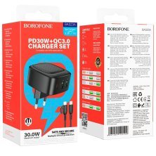 Мережевий зарядний пристрій Borofone BAS23A Type-C PD 30W 2*USB + кабель Type-C - Type-C, чорний