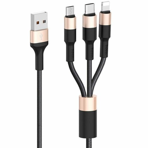 USB Кабель HOCO X26 3in1 USB - Lightning + MicroUSB + Type-C 1М, чорно-золотий