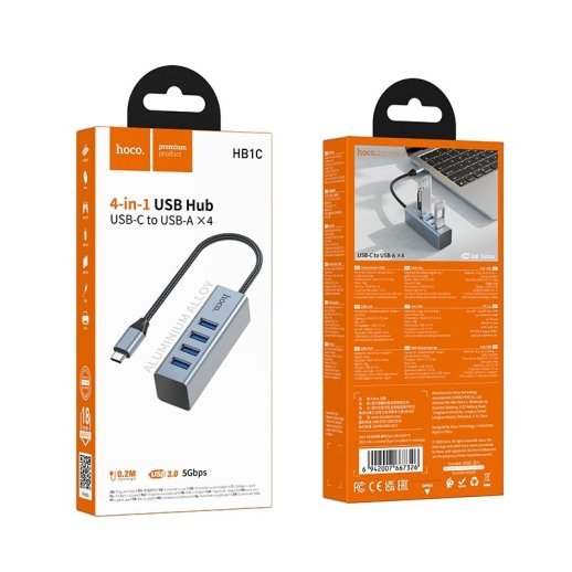 USB HUB HOCO HB1С 4in1 (Type-C to USB3.0*4), сірий