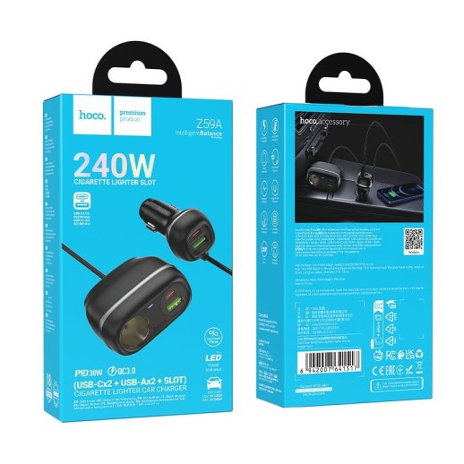 Автомобільний зарядний пристрій HOCO Z59A з роз'ємом прикурювача 2*TYPE-C PD 96W + 2*USB QC 3.0 240W, чорний