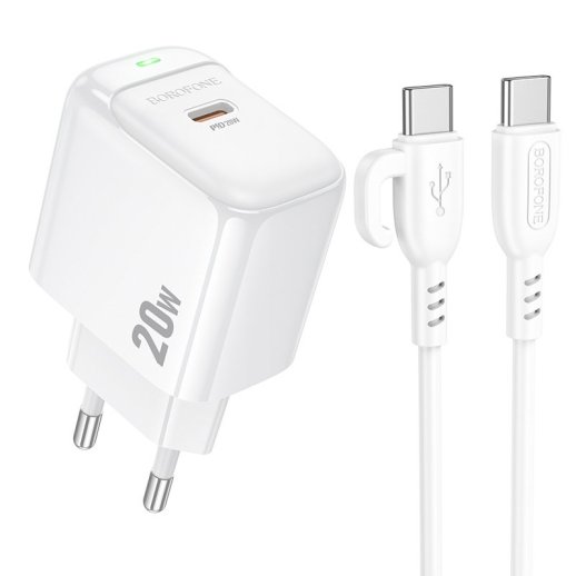 Мережевий зарядний пристрій BOROFONE BAS43A TYPE-C PD 20W + кабель TYPE-C - TYPE-C, білий