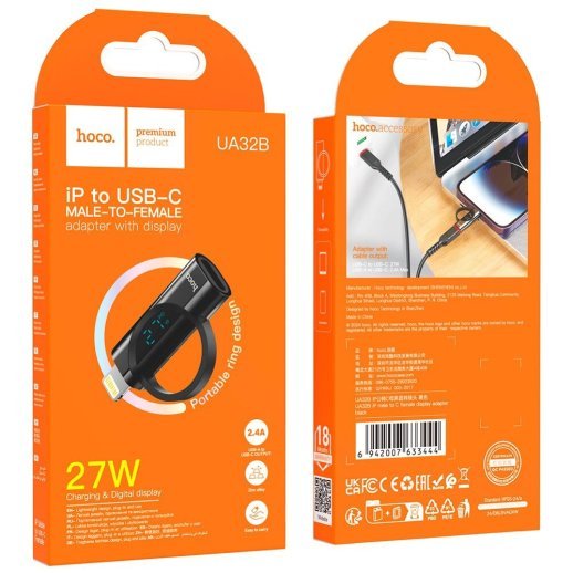 Перехідник HOCO LCD UA32B 27W Lightning (папа) - Type-C (мама), чорний