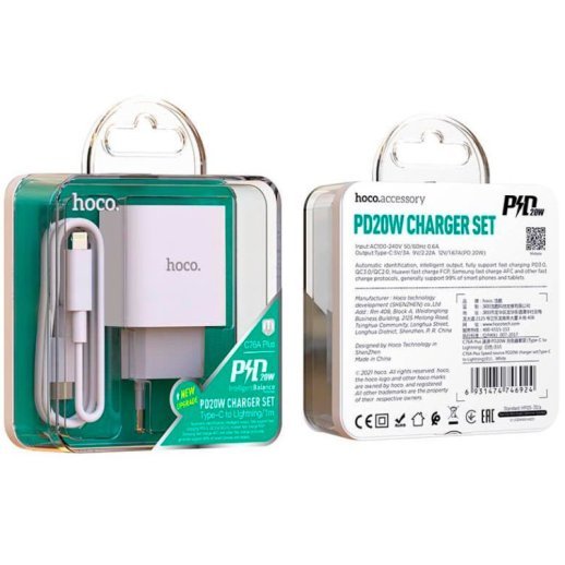 Зарядний пристрій HOCO C76A PLUS TYPE-C PD 20W + кабель TYPE-C - LIGHTNING, білий
