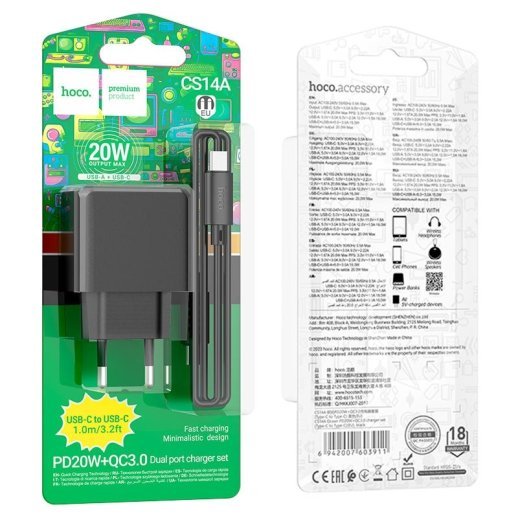 Мережевий зарядний пристрій HOCO CS14A TYPE-C PD 20W + USB QC 3.0 + кабель TYPE-C - TYPE-C, чорний