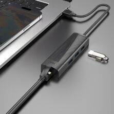 USB Конвертор HOCO HB42 4В1 HUB (USB 3.0 * 2шт. + RJ45 Ethernet), 1,20 метри, чорний