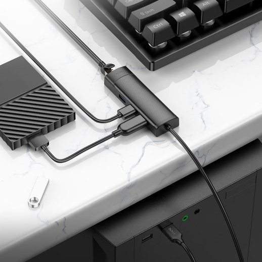 USB Конвертор HOCO HB42 4В1 HUB (USB 3.0 * 2шт. + RJ45 Ethernet), 1,20 метри, чорний