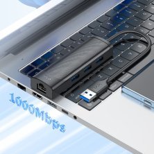 USB Конвертор HOCO HB42 4В1 HUB (USB 3.0 * 2шт. + RJ45 Ethernet), 1,20 метри, чорний