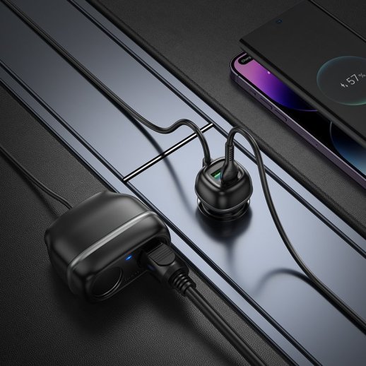Автомобільний зарядний пристрій HOCO Z59 з двума роз'ємами прикурювача TYPE-C PD 30W + USB QC 3.0, чорний