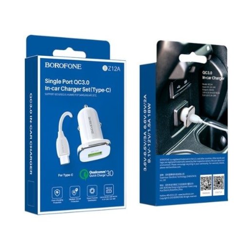 Автомобільний зарядний пристрій BOROFONE BZ12A single port QC3.0 + кабель USB - Type-C білий